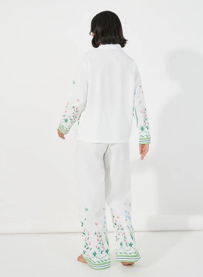 Styli Floral Print Long Sleeves Shirt & Pants Pyjama Set