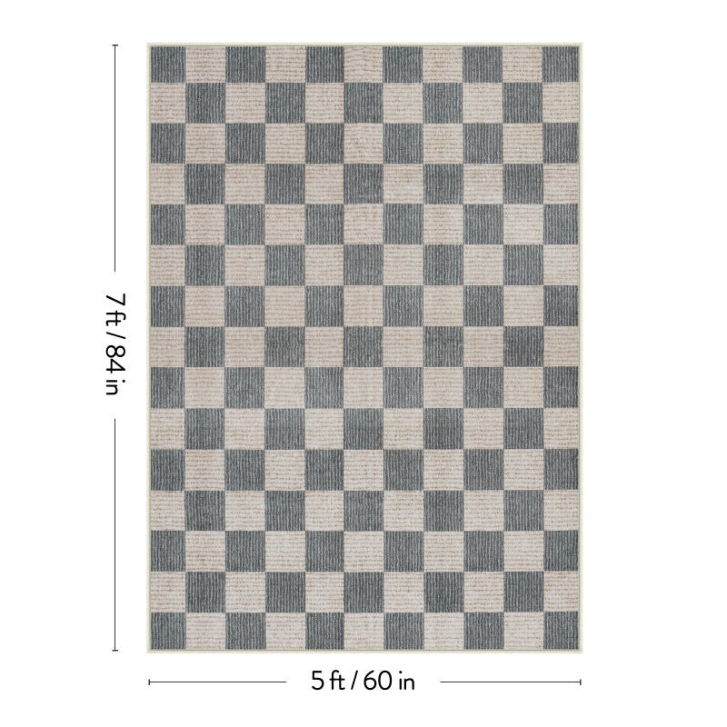 LIVEBOX Machine Washable 5x7 Area Rugs for Living Room Checkered, Non Slip Soft Low Pile Geometric Modern Neutral Playroom Rugs for Bedroom Indoor, Large Carpet Rugs for Dining Room Kitchen(Grey, 5'x7') - Image 5