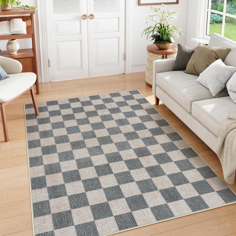 LIVEBOX Machine Washable 5x7 Area Rugs for Living Room Checkered, Non Slip Soft Low Pile Geometric Modern Neutral Playroom Rugs for Bedroom Indoor, Large Carpet Rugs for Dining Room Kitchen(Grey, 5'x7') - Image 1