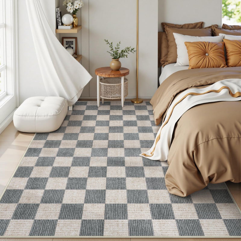 LIVEBOX Machine Washable 5x7 Area Rugs for Living Room Checkered, Non Slip Soft Low Pile Geometric Modern Neutral Playroom Rugs for Bedroom Indoor, Large Carpet Rugs for Dining Room Kitchen(Grey, 5'x7') - Image 2