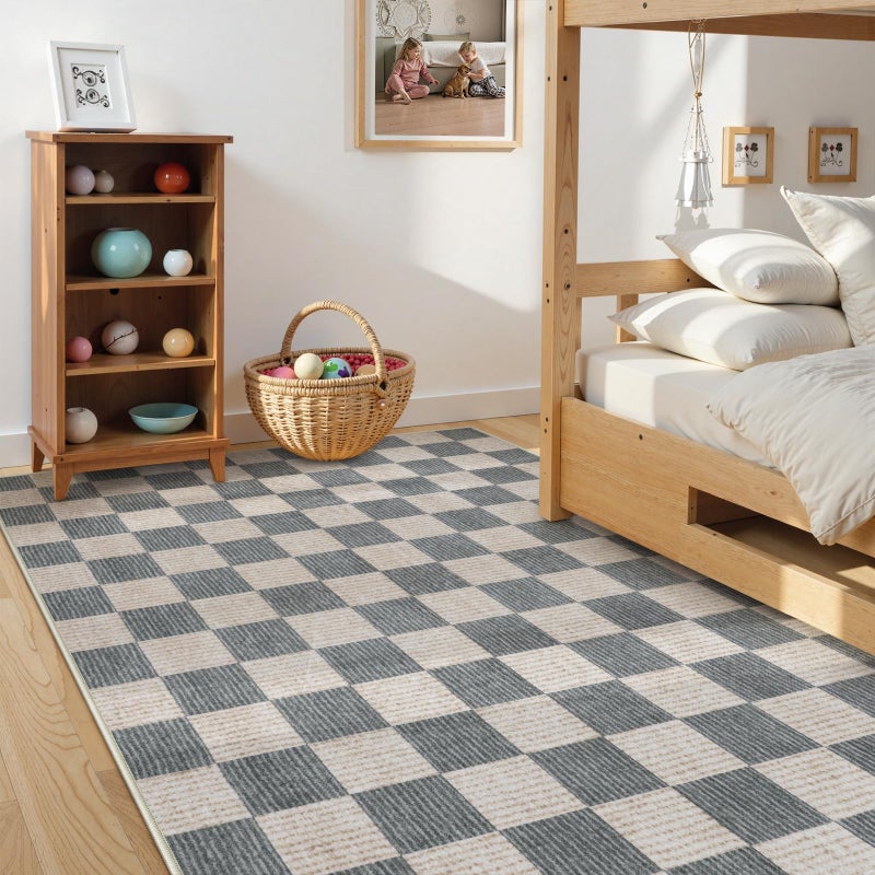 LIVEBOX Machine Washable 5x7 Area Rugs for Living Room Checkered, Non Slip Soft Low Pile Geometric Modern Neutral Playroom Rugs for Bedroom Indoor, Large Carpet Rugs for Dining Room Kitchen(Grey, 5'x7') - Image 3