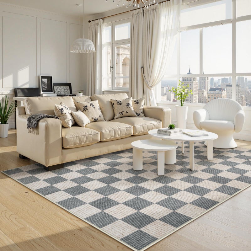 LIVEBOX Machine Washable 5x7 Area Rugs for Living Room Checkered, Non Slip Soft Low Pile Geometric Modern Neutral Playroom Rugs for Bedroom Indoor, Large Carpet Rugs for Dining Room Kitchen(Grey, 5'x7') - Image 4