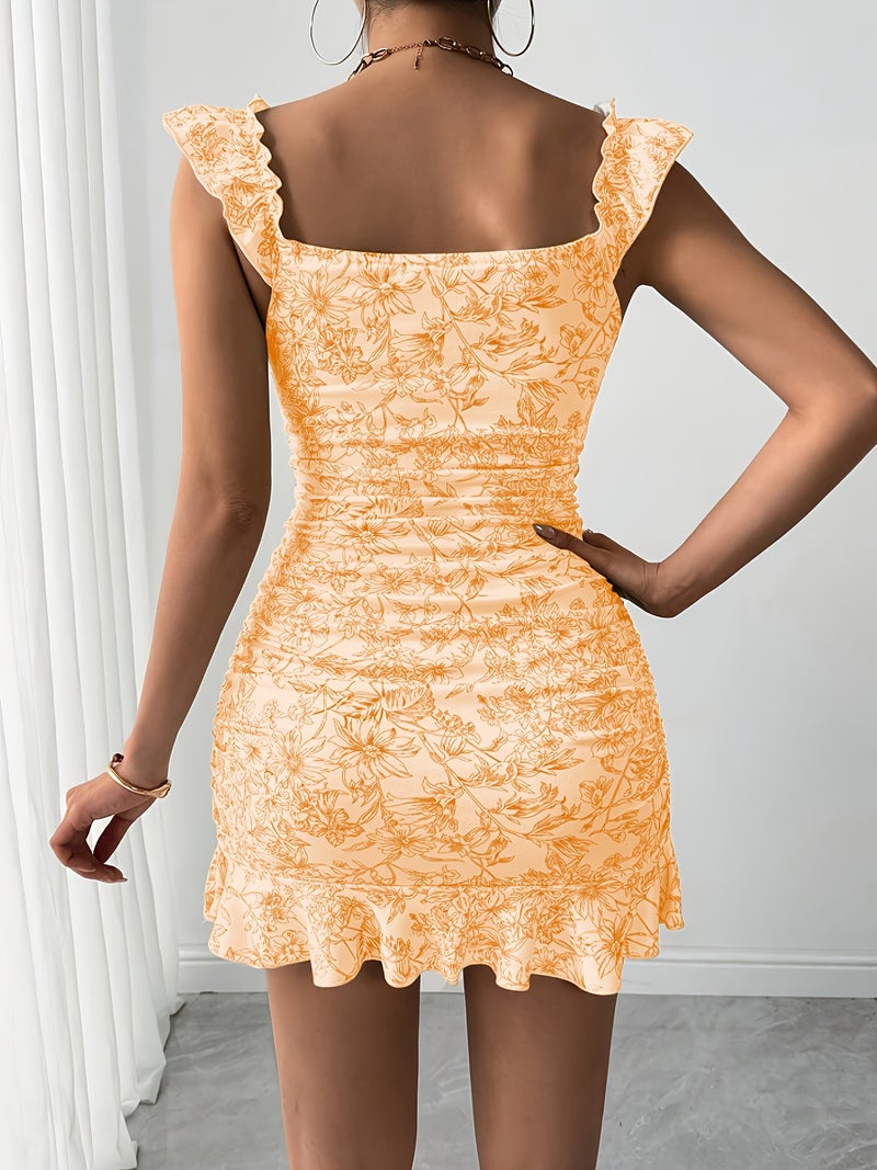 Elegant Off-shoulder Dress with Directional Floral Print, Ruffled Hem, and Tie-up Detail - Image 3