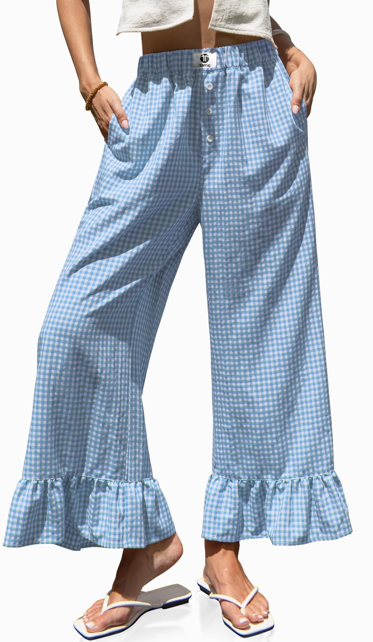 TARSE Womenâ€™s Plaid Wide Leg Pants Linen Flared Leg Baggy Drawstring Ruffle Palazzo Pants with Pockets(BlueWhite, S) - Image 1