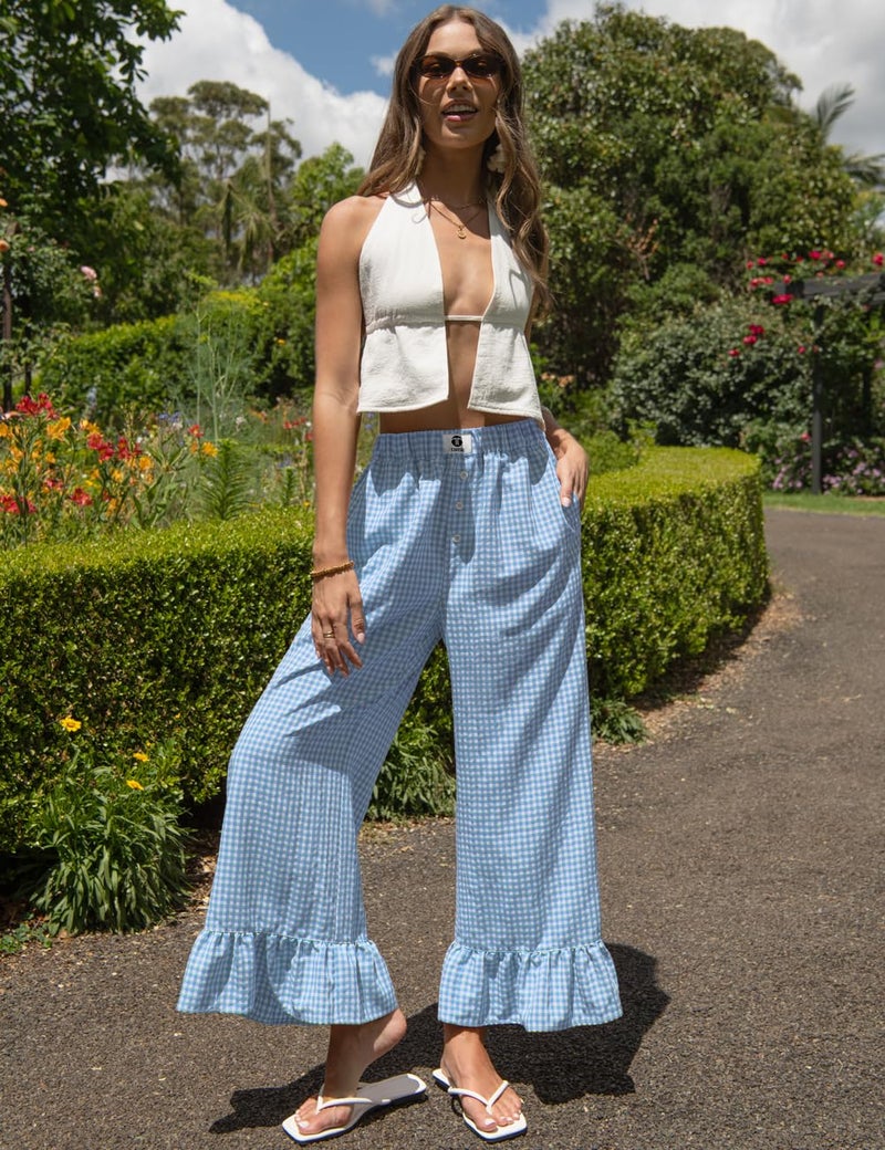 TARSE Womenâ€™s Plaid Wide Leg Pants Linen Flared Leg Baggy Drawstring Ruffle Palazzo Pants with Pockets(BlueWhite, S) - Image 3