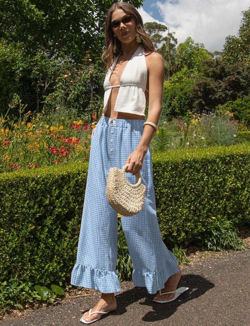 TARSE Womenâ€™s Plaid Wide Leg Pants Linen Flared Leg Baggy Drawstring Ruffle Palazzo Pants with Pockets(BlueWhite, S) - Image 4