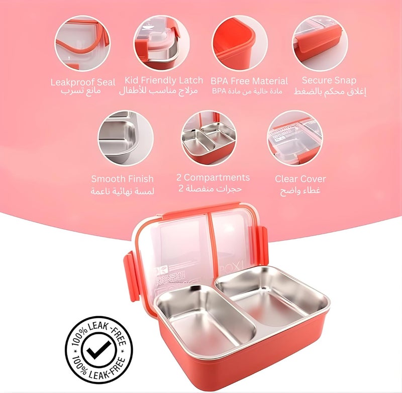 BrainGiggles Stainless Steel Lunch Box for Kids and Adults – Leakproof Insulated Bento Box with 2 Compartments, Removable Tray, 750ml Lunchbox | Dishwasher Safe Tiffin Box for School & Office (RED) - Image 2