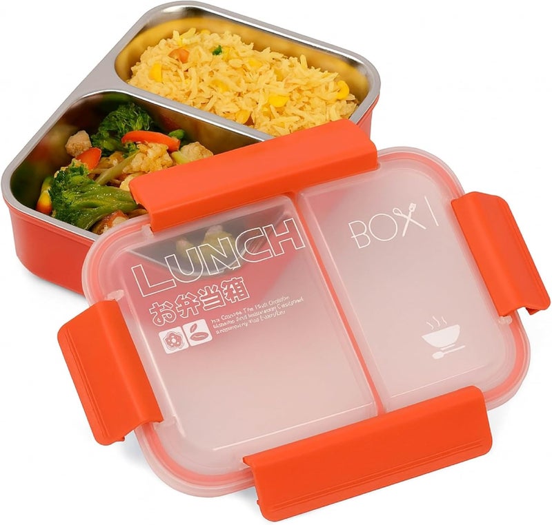 BrainGiggles Stainless Steel Lunch Box for Kids and Adults – Leakproof Insulated Bento Box with 2 Compartments, Removable Tray, 750ml Lunchbox | Dishwasher Safe Tiffin Box for School & Office (RED) - Image 1