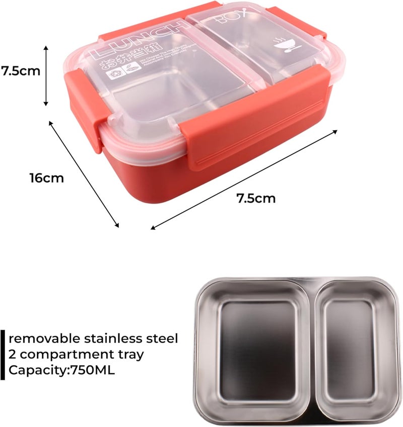 BrainGiggles Stainless Steel Lunch Box for Kids and Adults – Leakproof Insulated Bento Box with 2 Compartments, Removable Tray, 750ml Lunchbox | Dishwasher Safe Tiffin Box for School & Office (RED) - Image 5
