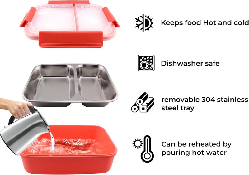 BrainGiggles Stainless Steel Lunch Box for Kids and Adults – Leakproof Insulated Bento Box with 2 Compartments, Removable Tray, 750ml Lunchbox | Dishwasher Safe Tiffin Box for School & Office (RED) - Image 3