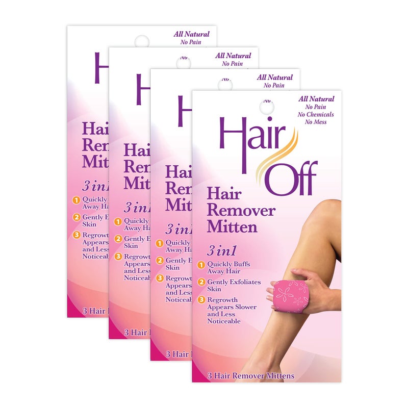 Hair off Hair Off Hair Remover Mitten - All-Natural, Painless & Chemical Free - Full Body Hair Removal - Slows & Lessens Regrowth - Exfoliates Skin (3 Mittens Per Box, Pack of 4)  - Image 1
