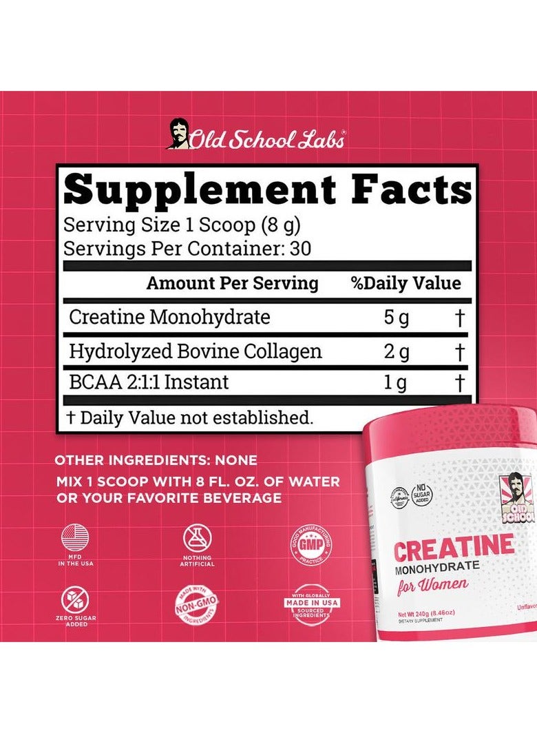 أولد سكول لابس كرياتين أحادي الهيدرات للنساء مع الكولاجين والأحماض الأمينية المتفرعة السلسلة - مسحوق مكمل غذائي للياقة البدنية للعضلات والشعر الصحي والبشرة والأظافر والتعافي - Image 4