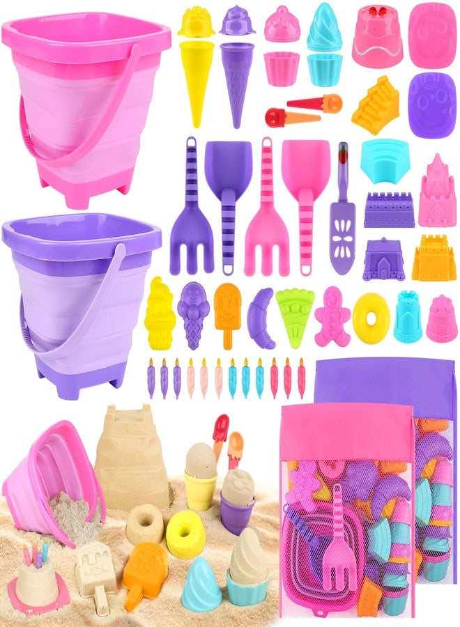 Dreamon Collapsible Beach Toys Set for Kids 3-10, Collapsible Sand Bucket with Beach Molds and Mesh Bag, 2 Pack Shovels Set Ice Cream Sand Toys for Beach, Sandbox Travel Toys for Kids Toddlers Girls - Image 1