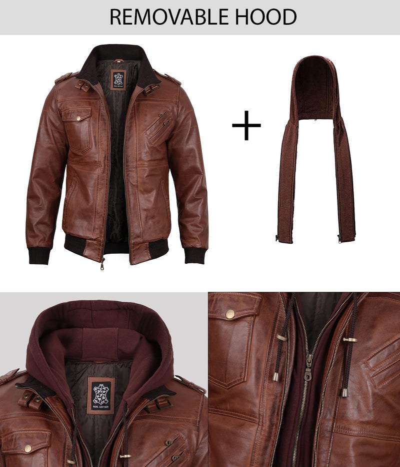 FJACKETS fjackets Leather Bomber Motorcycle Casual Stand Collar Jacket with a Removable Hood, Brown Edinburgh, M - Image 2