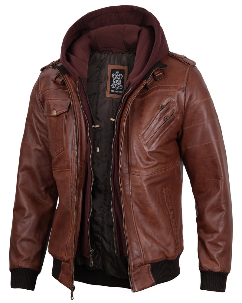FJACKETS fjackets Leather Bomber Motorcycle Casual Stand Collar Jacket with a Removable Hood, Brown Edinburgh, M - Image 1