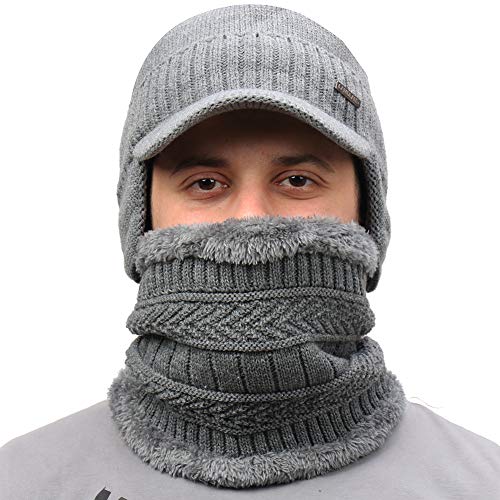 CAMOLAND 30% Wool Winter Beanie w/Visor & Earflaps for Men Outdoor Fleece Hat Scarf Set - Image 2