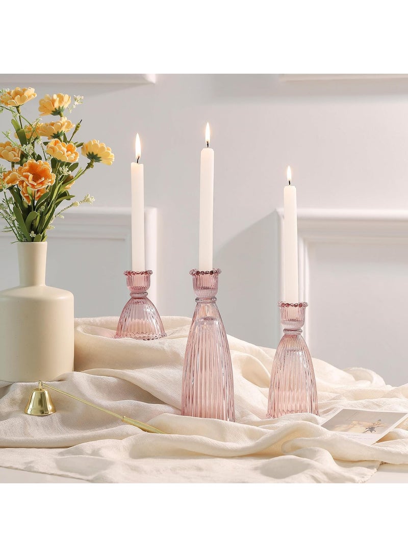 Hihonor Vertical Stripe Candlestick Holders Set of 3, Premium Glass Candle Holders for Candlesticks and Taper Candles, Vintage Candle Holder Decor for Table Centerpiece, Pink  - Image 1
