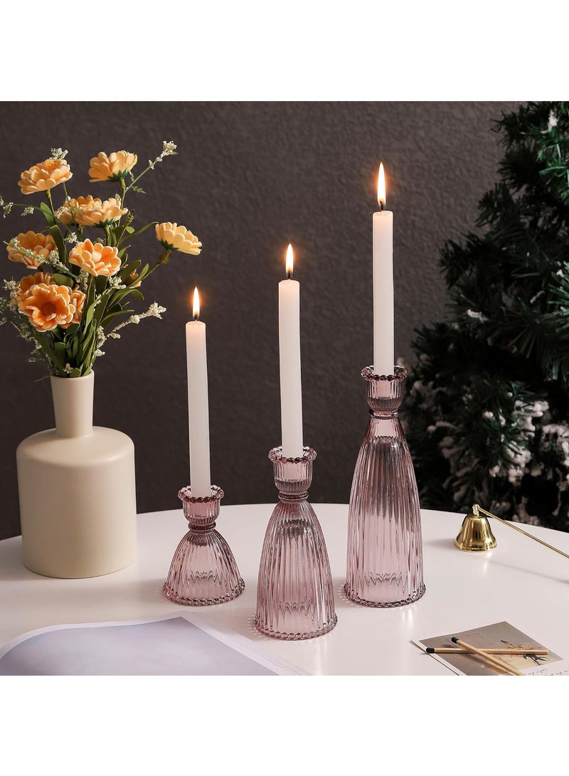 Hihonor Vertical Stripe Candlestick Holders Set of 3, Premium Glass Candle Holders for Candlesticks and Taper Candles, Vintage Candle Holder Decor for Table Centerpiece, Pink  - Image 2