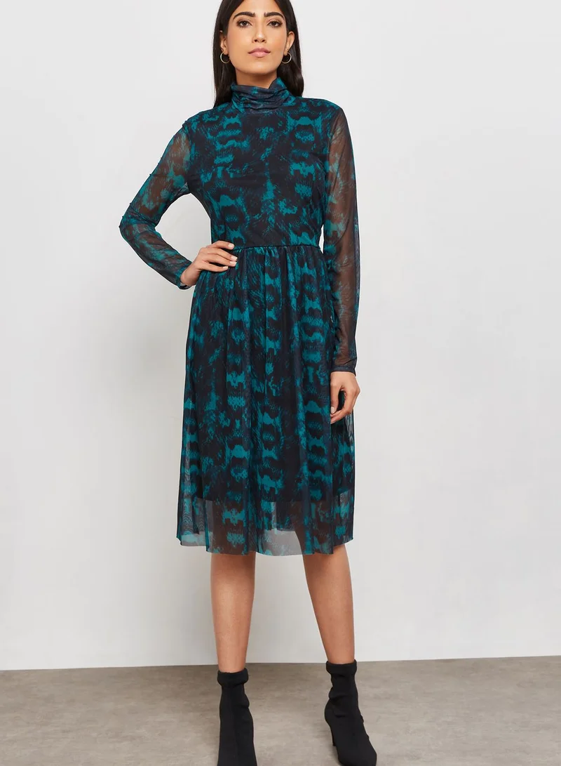 VERO MODA Mesh Overlay Printed Dress