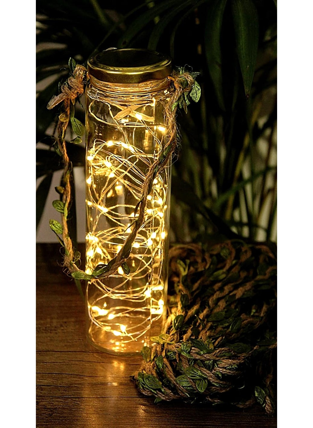 Generic The Glazen Art StudioLucela Bamboo Glass Jar with Jute Leaf Rope 20 LEDs Waterproof Fairy Firefly String Lights Battery Included for Diwali Decoration DIY Party Christmas Warm White 8 