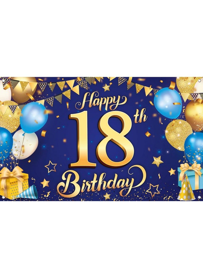 KATCHON Happy 18Th Birthday Banner For Boys Xtralarge 72X44 Inch ; Happy 18Th Birthday Backdrop For Blue And Gold 18Th Birthday Decorations For Boys ; 18Th Birthday Party Decorations For Girls  - Image 1
