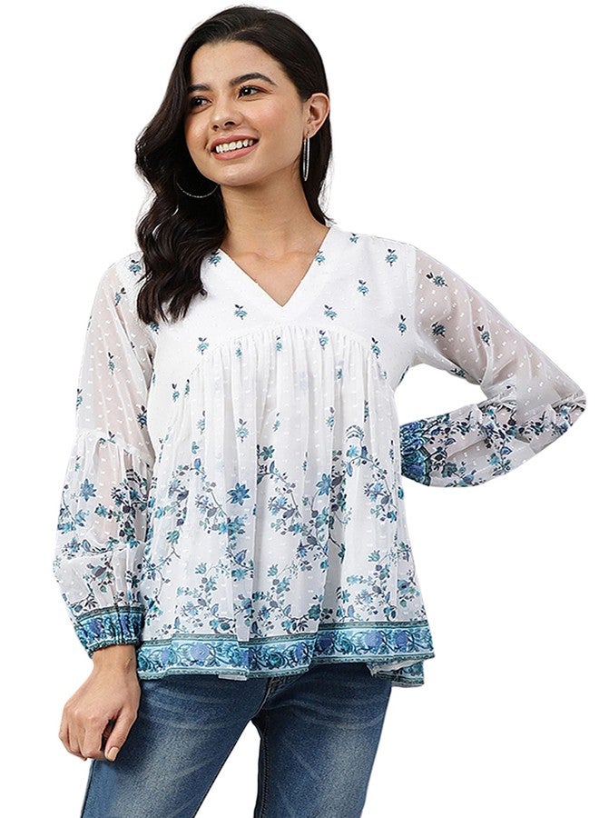 Janasya Women's White Georgette Digital Print Flared Top(JNE4045-TP-L) - Image 1