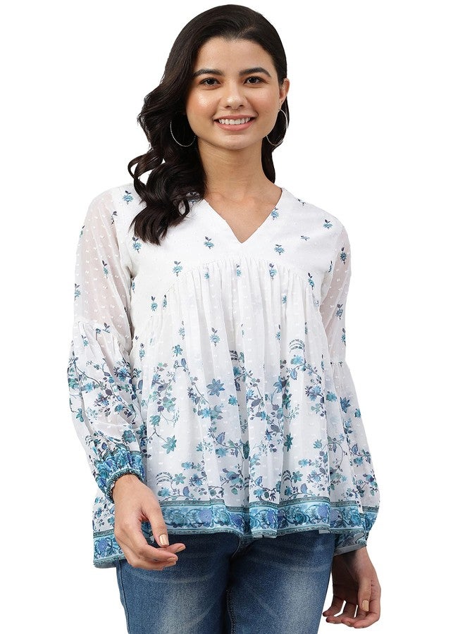 Janasya Women's White Georgette Digital Print Flared Top(JNE4045-TP-L) - Image 2