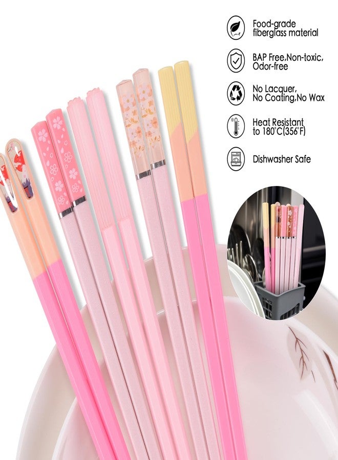 GLAMFIELDS Chopsticks Reusable Dishwasher Safe, GLAMFIELDS 5 Pairs 9.5 Inches Premium Chop Sticks Set for Sushi, Ramen, Asian Cuisine, Matte Non-slip with Gift Case, Pink - Image 4