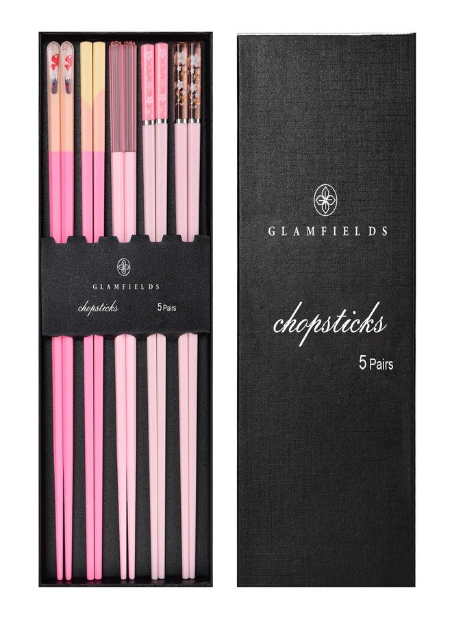 GLAMFIELDS Chopsticks Reusable Dishwasher Safe, GLAMFIELDS 5 Pairs 9.5 Inches Premium Chop Sticks Set for Sushi, Ramen, Asian Cuisine, Matte Non-slip with Gift Case, Pink - Image 1