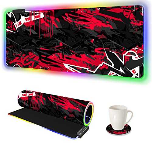 AIMSA Large RGB Gaming Mouse Pad, Keyboard Mousepad Led Extended 35.4 x 15.8 inch Non-Slip Rubber Base with 14 Lighting Modes, Big Desk Mat Waterproof, Red Black - Image 1