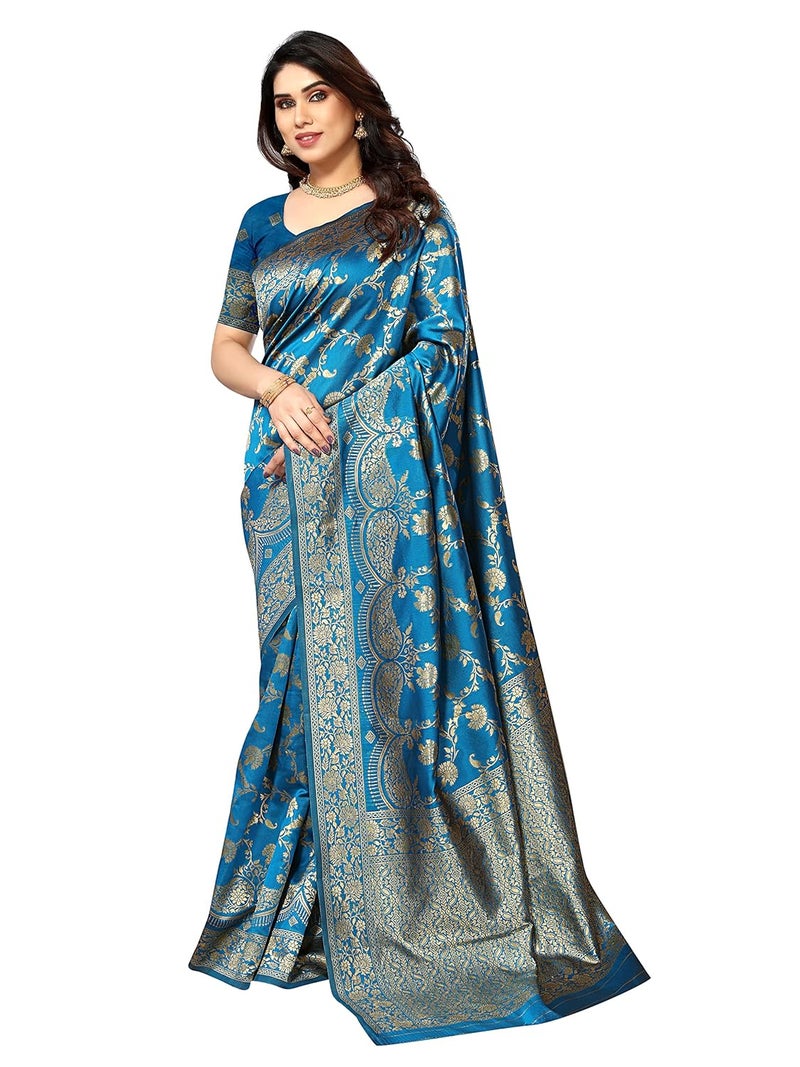 Sidhidata Women's Kanjivaram Banarasi Jacquard Silk Saree with Blouse Piece - Sky Blue - Image 1