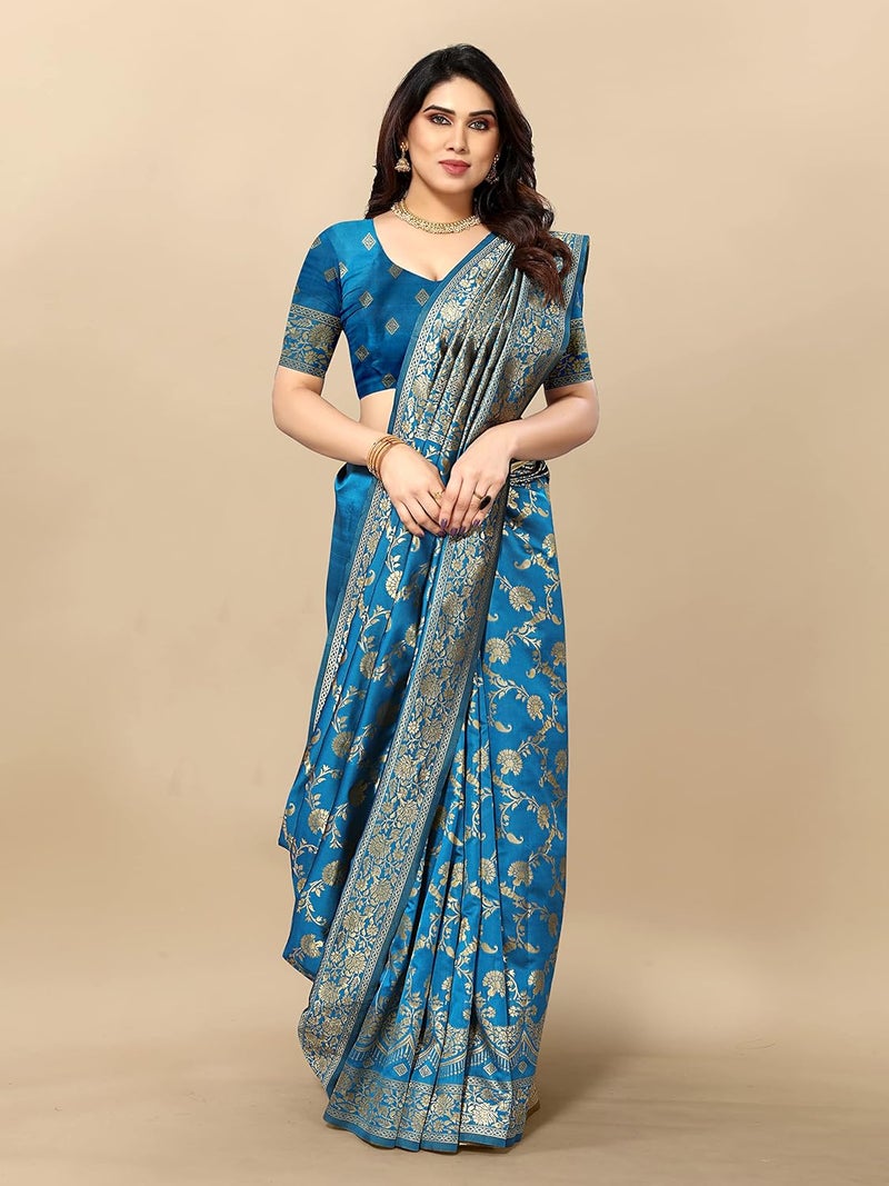 Sidhidata Women's Kanjivaram Banarasi Jacquard Silk Saree with Blouse Piece - Sky Blue - Image 3