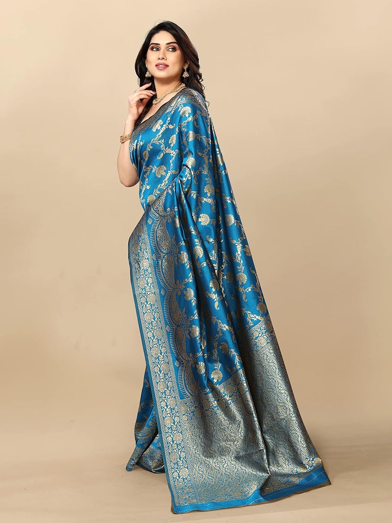 Sidhidata Women's Kanjivaram Banarasi Jacquard Silk Saree with Blouse Piece - Sky Blue - Image 4