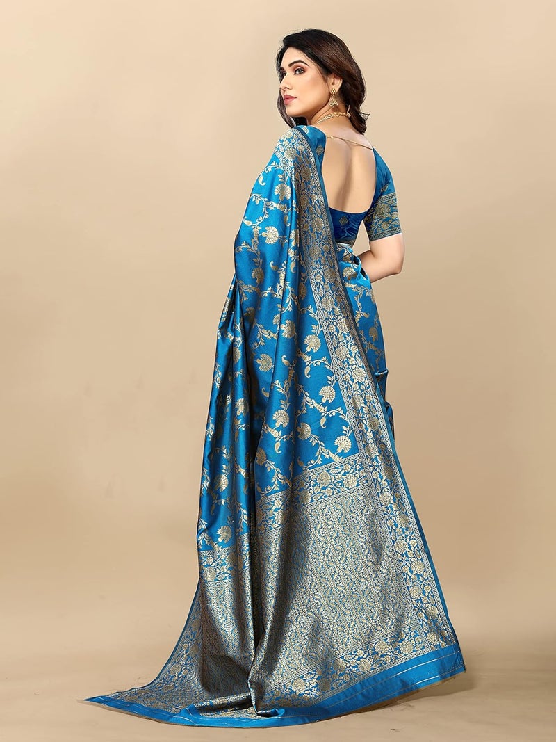 Sidhidata Women's Kanjivaram Banarasi Jacquard Silk Saree with Blouse Piece - Sky Blue - Image 5