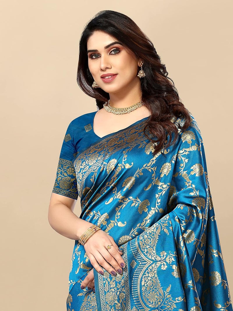 Sidhidata Women's Kanjivaram Banarasi Jacquard Silk Saree with Blouse Piece - Sky Blue - Image 2