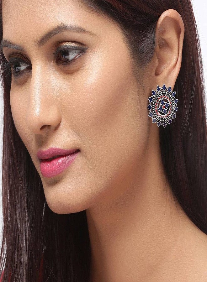 Voylla Brass Silver Oxidised Plating Mandala Design Enamel Embellished Blue Earrings for Women and Girls - Image 4