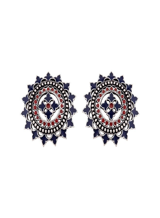 Voylla Brass Silver Oxidised Plating Mandala Design Enamel Embellished Blue Earrings for Women and Girls - Image 1