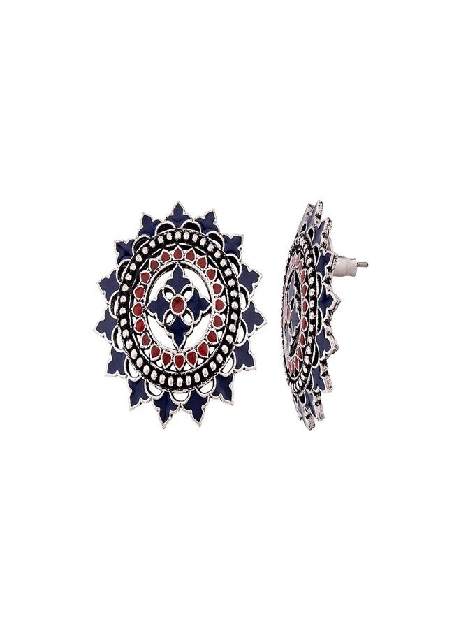 Voylla Brass Silver Oxidised Plating Mandala Design Enamel Embellished Blue Earrings for Women and Girls - Image 2
