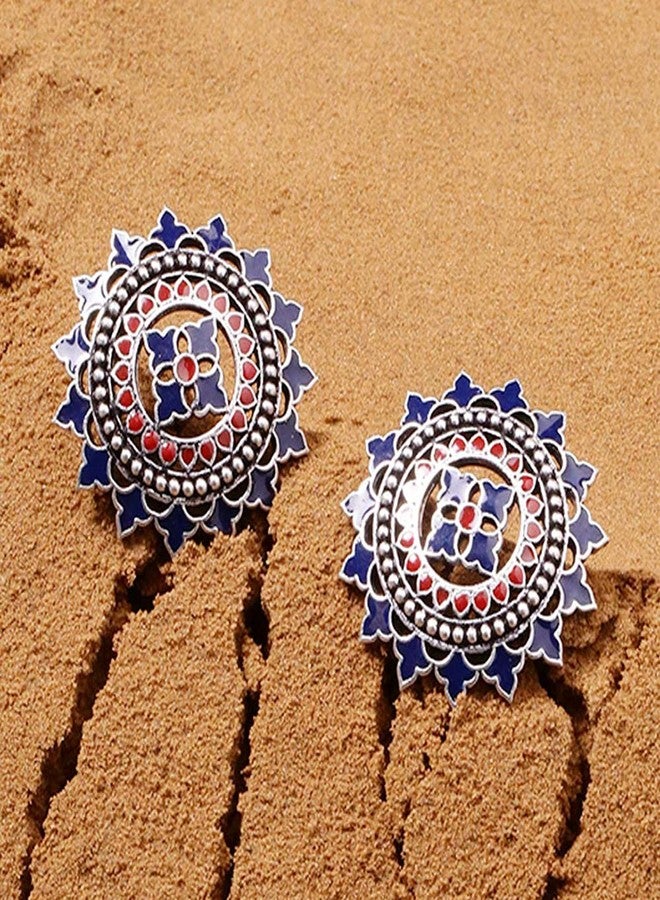 Voylla Brass Silver Oxidised Plating Mandala Design Enamel Embellished Blue Earrings for Women and Girls - Image 5