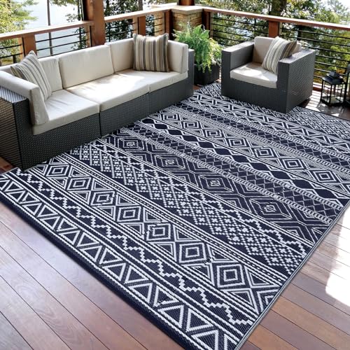 COZYLOOM Outdoor Rug Carpet Waterproof 8x10 ft Reversible Patio Rug Boho Print Camping Rug Plastic Straw Rug Geometric Rv Mat for Patio Camping Picnic Backyard Deck Balcony Porch Beach, Black&Navy - Image 2