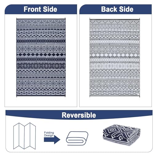 COZYLOOM Outdoor Rug Carpet Waterproof 8x10 ft Reversible Patio Rug Boho Print Camping Rug Plastic Straw Rug Geometric Rv Mat for Patio Camping Picnic Backyard Deck Balcony Porch Beach, Black&Navy - Image 5