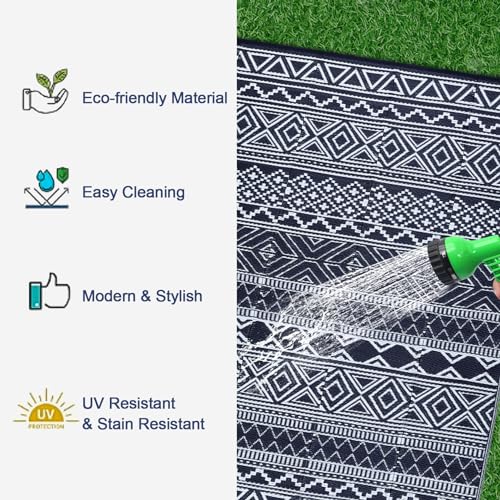 COZYLOOM Outdoor Rug Carpet Waterproof 8x10 ft Reversible Patio Rug Boho Print Camping Rug Plastic Straw Rug Geometric Rv Mat for Patio Camping Picnic Backyard Deck Balcony Porch Beach, Black&Navy - Image 4