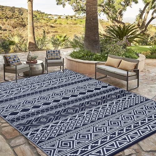 COZYLOOM Outdoor Rug Carpet Waterproof 8x10 ft Reversible Patio Rug Boho Print Camping Rug Plastic Straw Rug Geometric Rv Mat for Patio Camping Picnic Backyard Deck Balcony Porch Beach, Black&Navy - Image 1