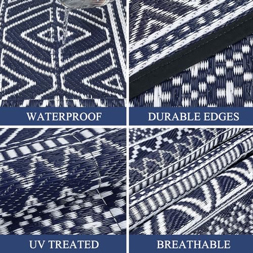 COZYLOOM Outdoor Rug Carpet Waterproof 8x10 ft Reversible Patio Rug Boho Print Camping Rug Plastic Straw Rug Geometric Rv Mat for Patio Camping Picnic Backyard Deck Balcony Porch Beach, Black&Navy - Image 3