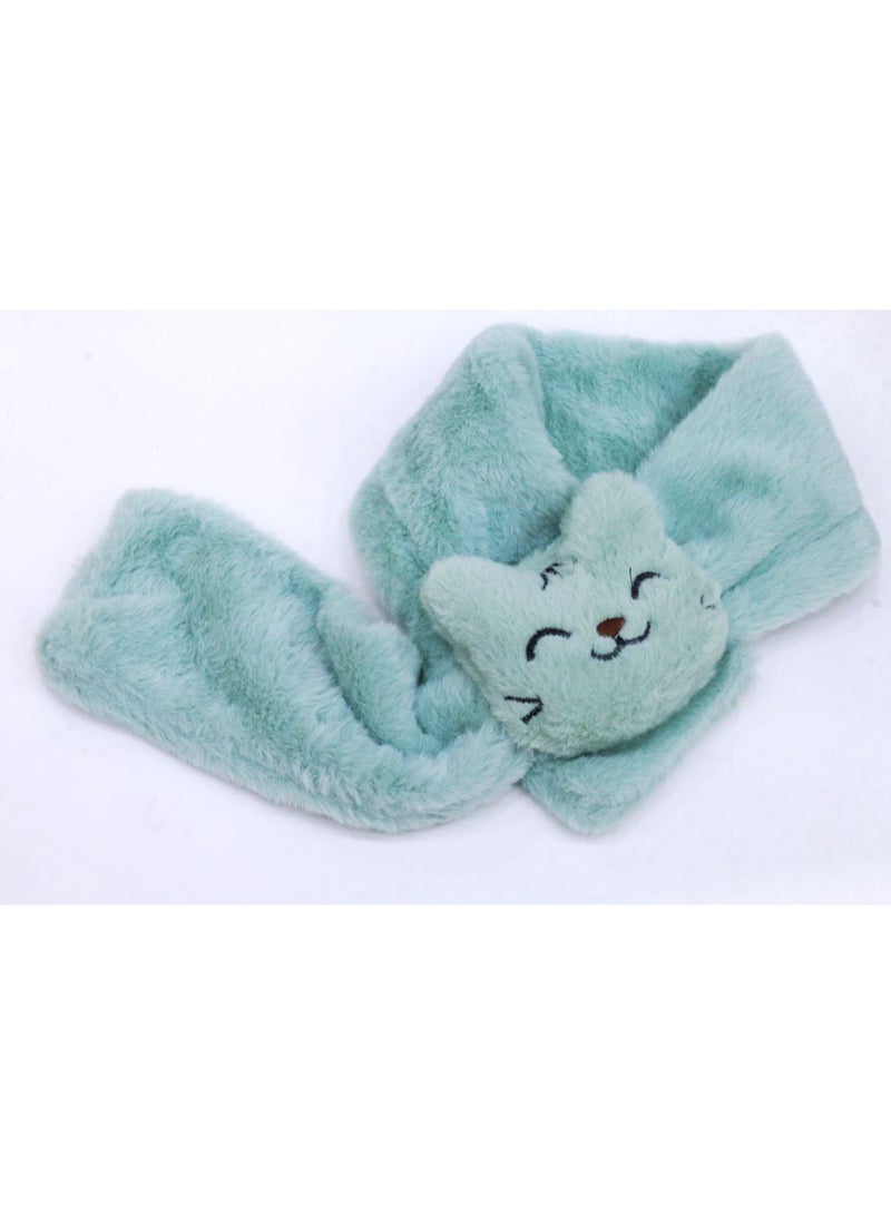 Warm and soft winter scarf for girls, made of faux fur with a cat, in turquoise. - Image 1
