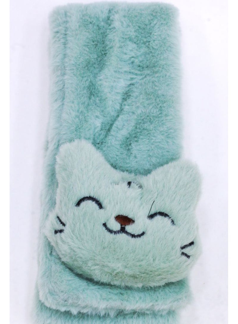 Warm and soft winter scarf for girls, made of faux fur with a cat, in turquoise. - Image 2