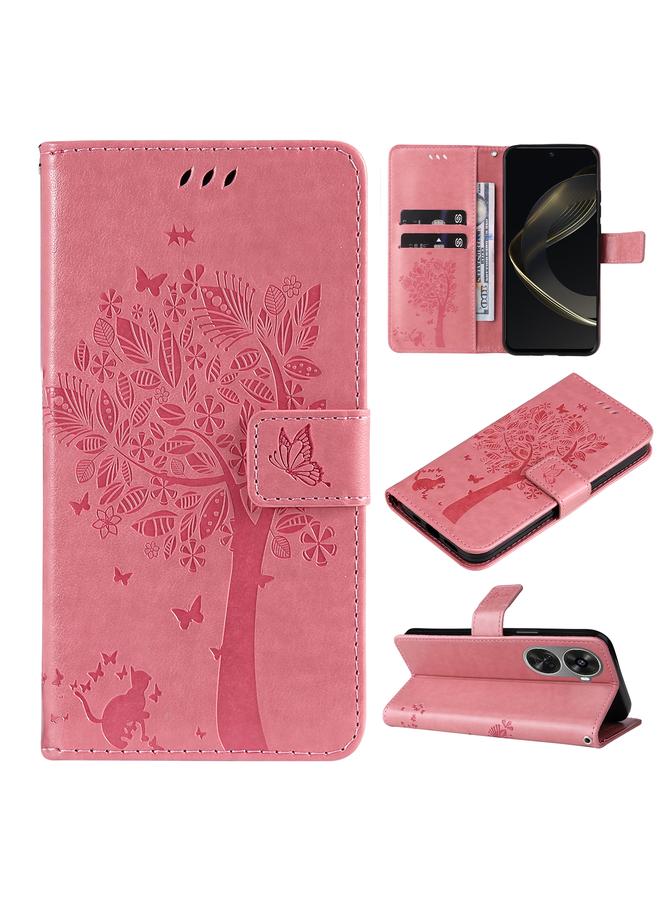 S-TOP Case For Huawei nova 12 SE / nova 11 SE Tree & Cat Embossed Pattern Flip Leather Phone Case - Image 1
