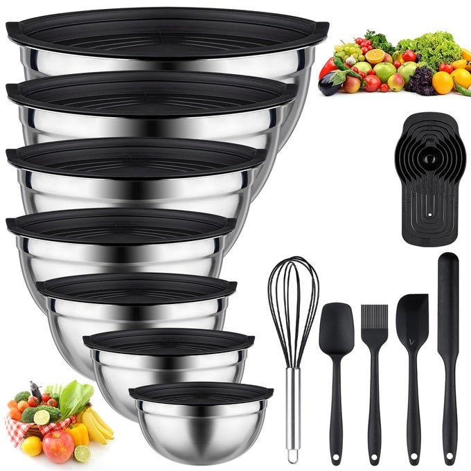 MIXING BOWLS WITH LIDS SET 25 PCS STAINLESS STEEL NESTING BLACK MIXING BOWLS SET FOR BAKING MIXING SERVING PREPPING SIZE 5 37 28 23 17 11 07QT 11 COOKING UTENSILS