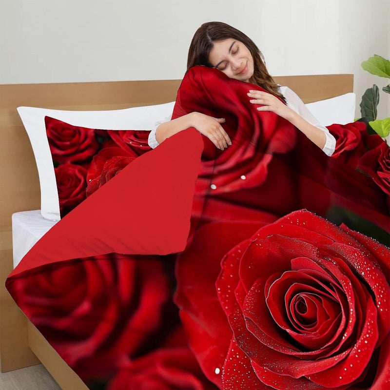 Bedding Set Romantic Theme Duvet Cover Set Queen with Zipper Closure Quilt Cover 3Pcs Cover with Pillow Shams A Bouquet of Red Roses 90 x 90in - Image 5