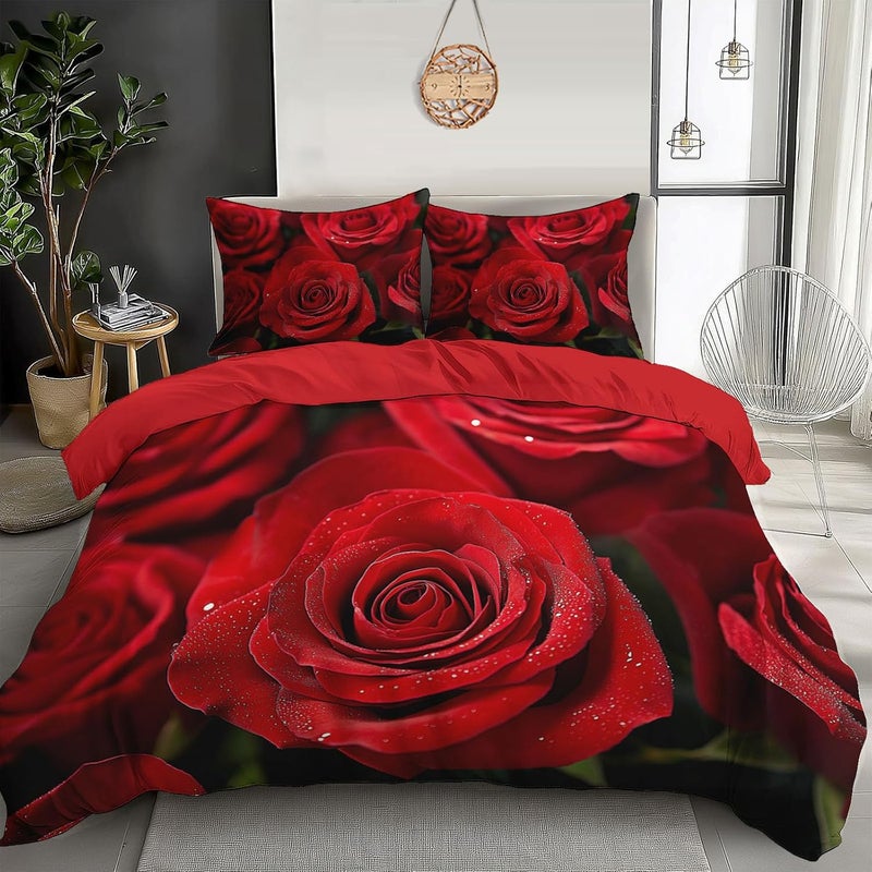 Bedding Set Romantic Theme Duvet Cover Set Queen with Zipper Closure Quilt Cover 3Pcs Cover with Pillow Shams A Bouquet of Red Roses 90 x 90in - Image 1